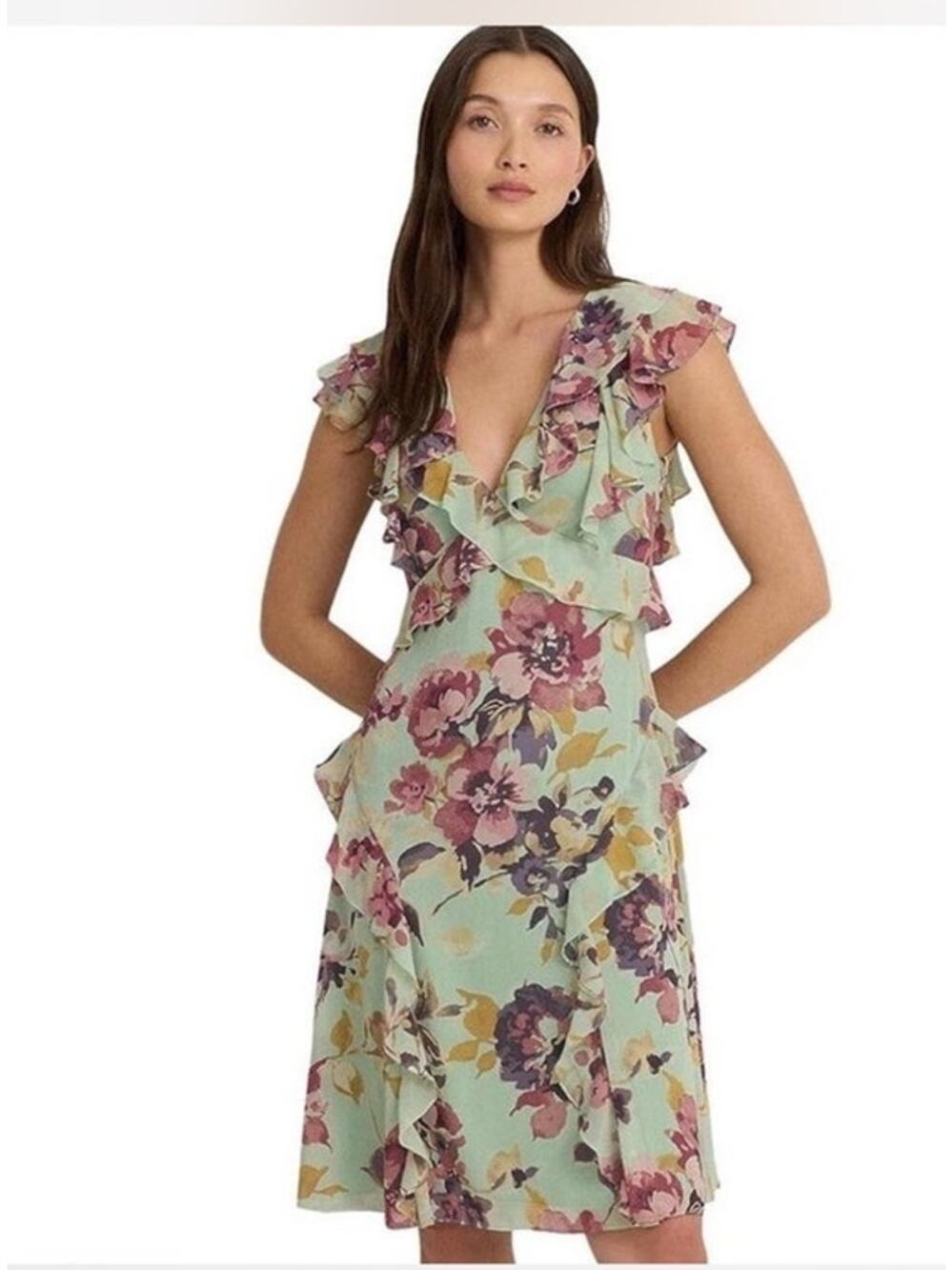 🌸 Lauren Ralph Lauren Womens Floral Georgette Ruffle Dress Size 10 🌸